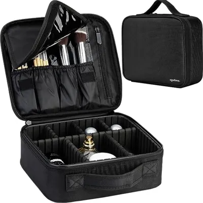 A black makeup bag is shown open, displaying its compartments and contents, with a closed version of the bag shown in the upper right corner.