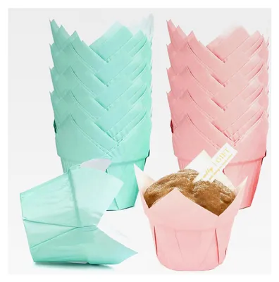 Produktbild von Papier Muffinform, 100 Stück Mini Muffins Papierförmchen Tulpenform Grün und Rot Einweg Fettdicht Cupcake Förmchen Backbecher für Hochzeiten und Feiern