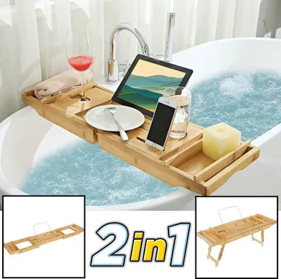 Produktbild von Decopatent 2 in 1 - Badewannenablage & Frühstückstablett mit Stützen - aus Bambus Holz / Badewannentablett / Badewannentisch / Betttablett mit ausklappbaren Beinen