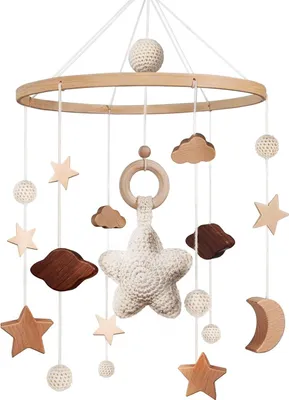 Produktbild von Hängendes Windspiel mit Sternen aus Holz für das Babybett mit Musik - Babykameradekoration