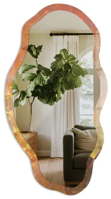 Produktbild von Asymmetrischer Wandspiegel mit Druck – 90x45 cm – unregelmäßige organische Form – moderner Dekospiegel – für Wohnzimmer, Flur und Schlafzimmer - Energiespirale, KI-generiertes Bild