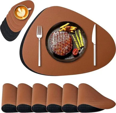 Zdjęcie produktu dla Zestaw 6 podkładek pod talerze Unyqoos® wykonanych ze sztucznej skóry, zmywalnych, odpornych na temperaturę do 80°C, dwustronnych i antypoślizgowych, w zestawie podkładki pod napoje, wymiary: 42 x 31,5 cm / 14 x 10,5 cm, kolor: czarny/brązowy, grubość: 2 mm