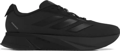 A studio shot of a single black Adidas running shoe.