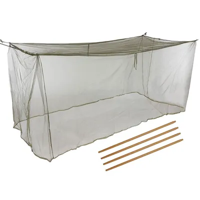 A mosquito net and four wooden poles are laid out on a white background.