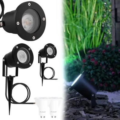 Produktbild von LUMILED 2er-Set Gartenstrahler, Gartenleuchte mit LED GU10 6W kaltweiß 6500K, Wasserdicht IP65 mit Erdspieß, schwenkbarer Kopf, in Schwarz