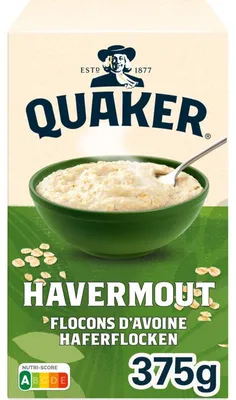 Obrázek produktu pro Quaker Havermout 375 g – jemné ovesné vločky s vysokým obsahem vlákniny, ideální pro snídaně, vaření a pečení