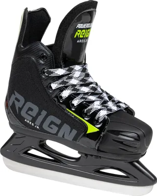 A single black Powerslide Ares Junior ice skate is shown against a white background.