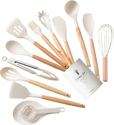 Produktbild von Silikon-Küchengeschirr-Set mit Holzgriffen, hitzebeständig, Pfannenwender, Zange, Spatel, Löffel, Bürste, Schneebesen, antihaftbeschichtete Kochutensilien