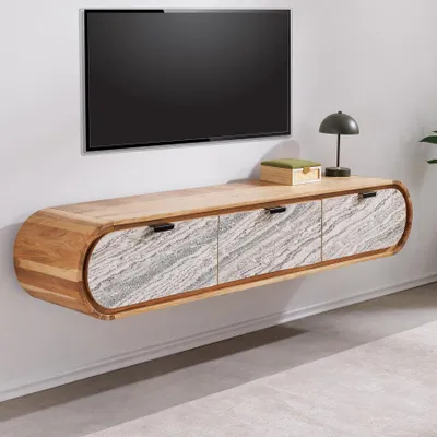 Produktbild von riess-ambiente Hängendes TV-Board ORGANIC 160 cm natur Akazie schwarz weiß Steinfurnier Schubladen Lowboard