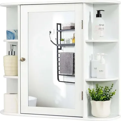 Image de Armoire de toilette - Armoire de salle de bain - Étagères réglables - Étagères latérales - Cadre en bois - 65 x 63 x 17 cm - Montage requis - Blanc