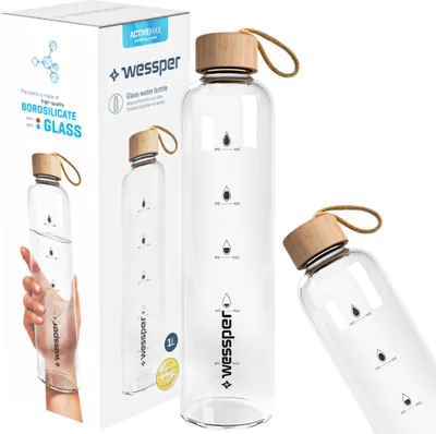 Produktbild von Wessper Activemax Bidon Voda Šťava Limonáda Koktaily | Motivačná sklenená fľaša Transparent 1L | Fľaša na nápoje