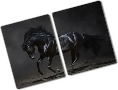 Produktbild von Tulup Glas Herdabdeckplatte - 2x40x52 cm - Glaskeramikkochfeld-Abdeckung Spritzschutz Glasabdeckplatte Kochplattenabdeckung und Schneidebrett - Zweiteilig - Tiere - Schwarzes Pferd - Schwarz
