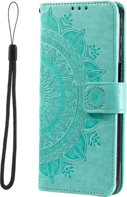 A teal phone case with a mandala pattern and a black wrist strap.