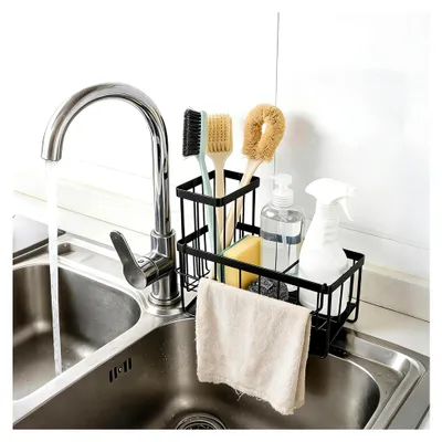 Produktbild von Schwammhalter für die Küchenspüle, Rostfreier Küchenorganizer für Schwamm, Seife, Spülbürste, Scheuerschwamm, Aufbewahrungszubehör (20 x 9,4 x 16,5 cm, Schwarz)