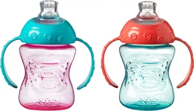 Image de Tasse d'entraînement Nuby Grip N Sip avec poignée, bec souple anti-fuite, 240 ml, 4 mois et + (pack de 2, rose/orange)
