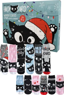 Produktbild von Ralf Schmitz Hildegard Adventskalender mit 12 Paar Socken Größe 35-41 für Damen Weihnachtskalender mit Sneakers und langen Socken