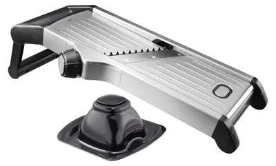 A stainless steel mandoline slicer with a black plastic handle and a black plastic food holder, shown against a white background.