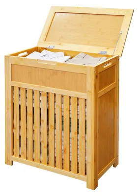 Waschkorb 80 l, Lamellendesign, Bambus & MDF, Natur