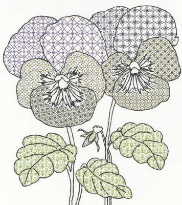 Produktbild von Bothy Threads Blackwork Stickpackung "Stiefmütterchen", Zählmuster, XBW9, 28x31cm