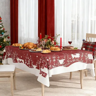 Immagine prodotto di Tovaglia natalizia rossa, 150x305 cm, in poliestere idrorepellente, con motivo natalizio