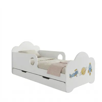Image de Lit d'enfant Happy Babies avec barrière de sécurité pour garçon, 160 x 80 cm, pour chambre d'enfant, avec tiroir, matelas, lit simple pour enfant, blanc