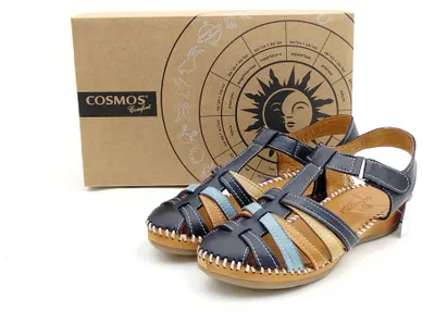 Immagine prodotto di Sandali da donna Cosmos, blu/marrone, con chiusura a velcro, punta chiusa, suola a zeppa leggera, taglia 41