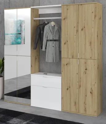 Produktbild von Garderobe Set "Line-Up" Eiche und weiß Hochglanz Garderobenschrank mit Spiegel