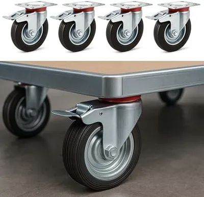 Produktbild von Set von Doppelstopp-Lenkrollen mit 4 Vollgummirädern, 200 mm, bis 150 kg pro Rad, mit Feststellbremse und Anbauplatte
