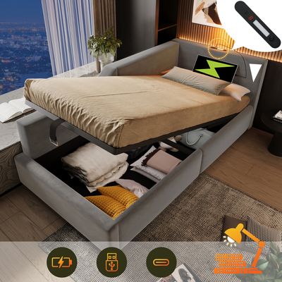 Flieks Hydraulisches Polsterbett Schlafsofa 90x200cm mit Ladefunktion (USB & Typ C), Stauraumbett Tagesbett mit Leselampe, Einzelbett Samt, Grau
