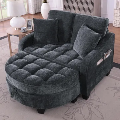 Produktbild von Schlafsofa 2-in-1 mit Hocker & Stauraum, Bettfunktion, Eukalyptusholz, Atmungsaktiver Stoff, für kleine Räume, Schwarz