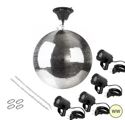 Produktbild von Spiegelkugel Komplettset 50cm mit Motor, 4 x LED Pinspot (warmweiss) und Montagematerial PREMIUM