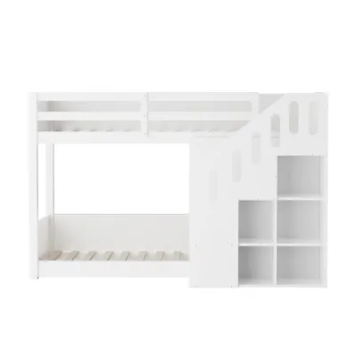 Produktbild von Flieks Etagenbett 90x200cm mit Treppe, Hochbett für 2 Kinder, Kinderbett Stockbett mit Regal, Einzelbett Massivholzbett Kinder mit Lattenrost, Weiß
