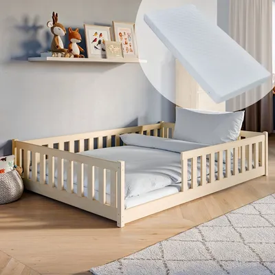 Image de Lit d'enfant lit de sol 140x200 cm Lit avec matelas, protection contre les chutes & sommier Montessori Enfants Lit d'adolescent | pin naturel massif garçon fille
