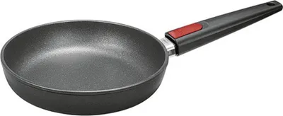 A black frying pan with a red accent on the handle, shown against a white background.