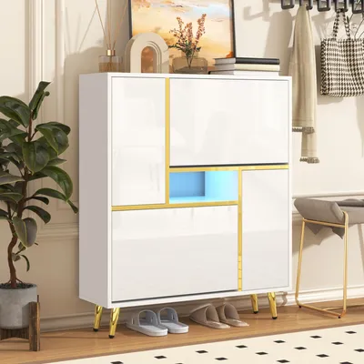 Produktbild von MODFU Schuhschrank Stilvoller weißer Hochglanz-Schuhschrank, 80 x 25 x 96 cm, Hochglanzfront, 16-farbiges LED-Licht