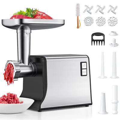 Produktbild von Elektrischer Fleischwolf 3000 W - Fleischmaschine für Zuhause - 3 Lochscheiben - 3 Klingen - Wurstfülltrichter & Kibbeh-Aufsatz - Weiß