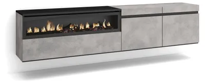 TV-Lowboard 200x45x35cm mit LED-Kamin, hängend, Zement