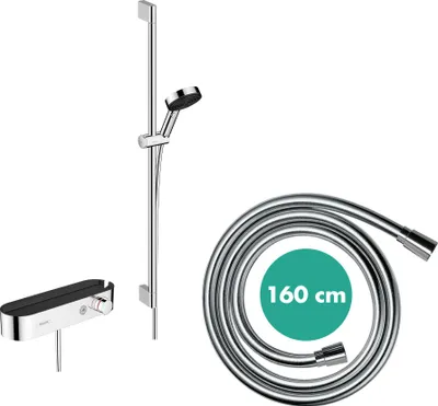 Immagine prodotto di hansgrohe Pulsify Select S Système de douche 105, 3jet Relaxation, set avec thermostat, chrome, barre de douche 900mm, 24270000, 24270000