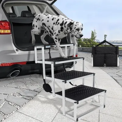 Produktbild von Faltbare Hundetreppe für Autos, geeignet für große Hunde, 4 Stufen, rutschfeste Oberfläche, Aluminium-Hunderampe, belastbar bis 68 kg