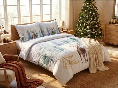 Produktbild von Bettwäsche aus Baumwolle, Motiv: Hirschsaison, weiß + Kissenbezug 45 x 45 cm gratis. Bettwäschegröße: 70 x 90 cm | 140 x 200 cm