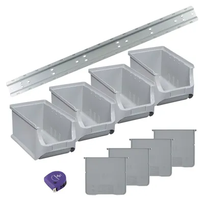 Produktbild von vasalat Stapelboxen 235x150x125mm Gr.3, Sichtlagerboxen für Werkstatt Garage und Lager, Kunststoff grau, 4x Sichtlagerkästen mit Wandhalterung + 4x Trennsteg