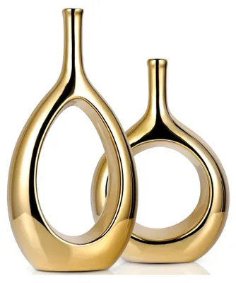 Produktbild von 30 cm hohe Vase in Gold, Set von 2, moderne Keramikvasen für Tischdekoration, runde Vasen für Pampasgras, Ikebana-Vase für Wohnzimmer, Fensterbank und Esstisch