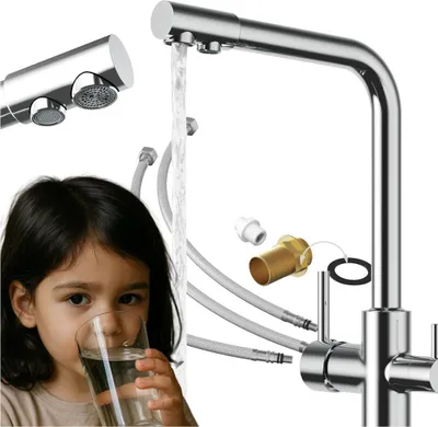 Obrázek produktu pro Granitan | Kuchyňská baterie Flow – chrom – 3-cestná – s filtrem – otočný výtok – úspora místa