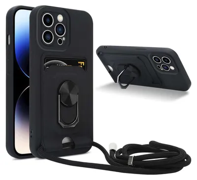 Obrázok produktu pre Cadorabo reťaz na mobilný telefón s funkciou stojana pre Apple iPhone 15 PRO v ČIERNEJ farbe - silikónové ochranné puzdro s nastaviteľným popruhom
