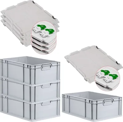 Produktbild von SuperSparSet 4x Eurobox NextGen Economy mit Scharnierdeckel und grünen Schiebeschnappverschlüssen | Griffe geschlossen | HxBxT 22x40x60cm | 44 Liter | Eurobehälter, Transportbox, Transportbehälter, Stapelbehälter
