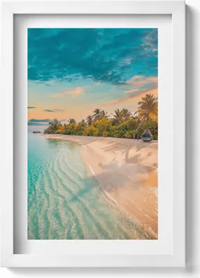Produktbild von Sommerlicher Blick auf Palmenstrand und Meer– Wandbild mit Rahmen – Gerahmtes Bild  – Wanddekoration – 20x30 cm – Weiß