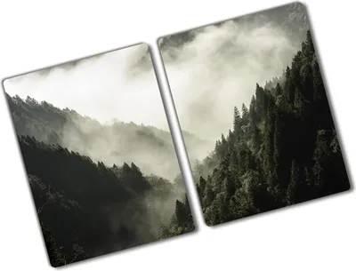 Produktbild von Tulup Glas Herdabdeckplatte - 2x40x52 cm - Glaskeramikkochfeld-Abdeckung Spritzschutz Glasabdeckplatte Kochplattenabdeckung und Schneidebrett - Zweiteilig - Landschaften - Nebel über dem Wald - Schwarzweiß