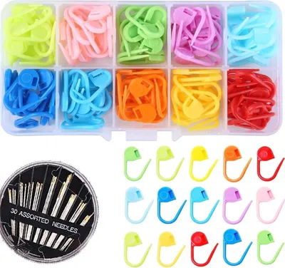 Produktbild von Lunpog 120 Stück Maschenmarkierer in 10 Farben, Strick und Häkelmarkierer mit 9 Nähnadeln und Aufbewahrungsbox, für DIY Häkel und Bastelprojekte, Strickzubehör