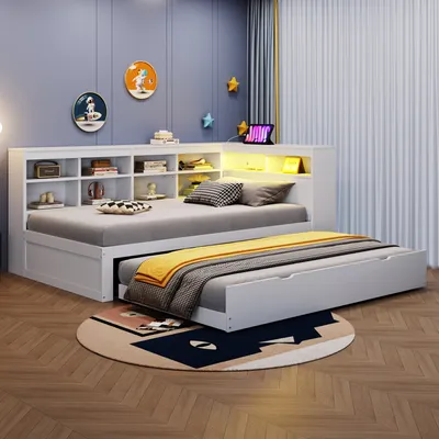 Produktbild von Abrihome Kinderbett 90x200cm Ausziehbett mit Staufächer und Regal, Schlafsofa Holzbett mit USB-Steckdose und LED-Licht, Weiß