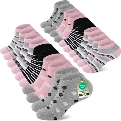 Produktbild von Sneakersocken 10 Paar, Baumwolle, Größe 35-42, Streifen und Herzen, für Sport